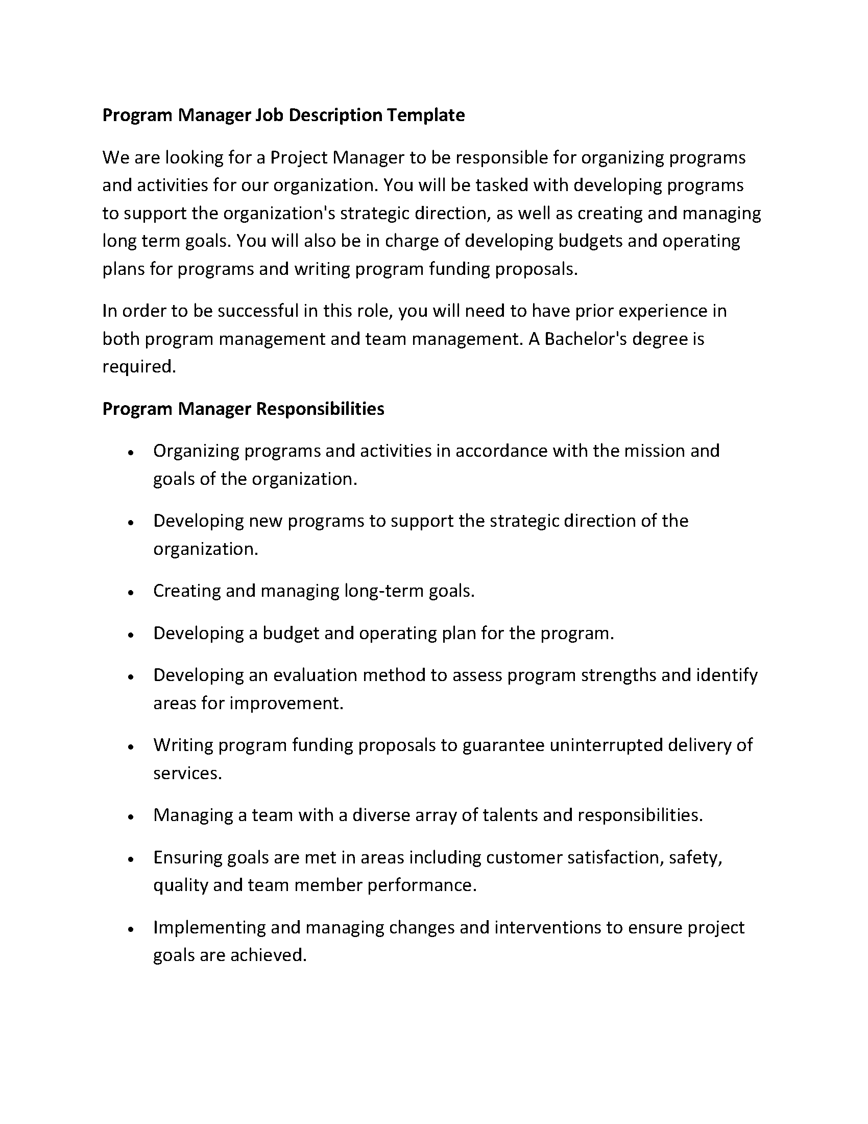 Program Manager Job Description Template